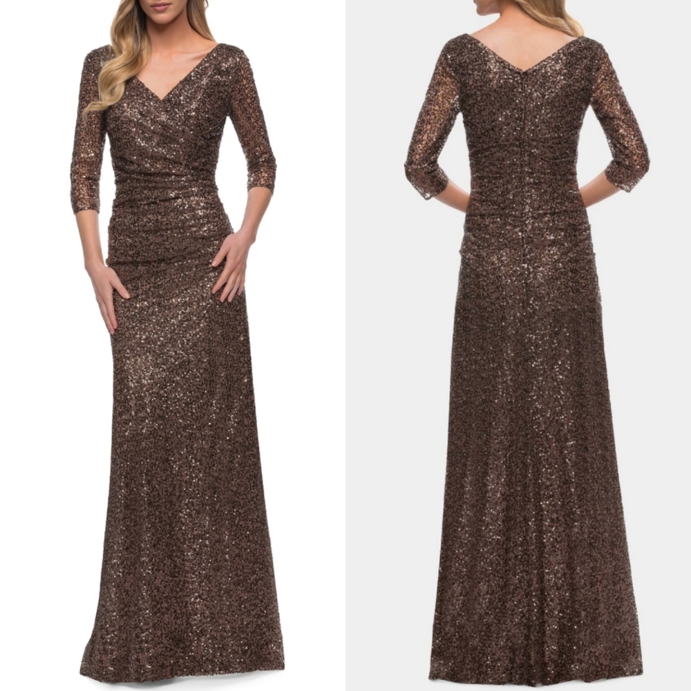 La Femme | Sequin Bronze Ruched Evening Gown NWT